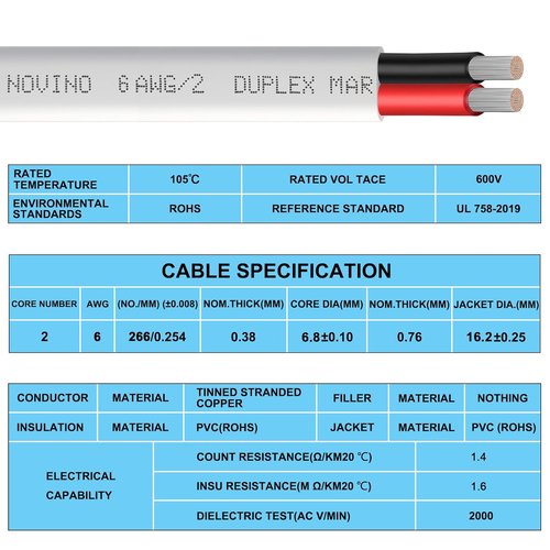 6 Gauge Marine Wire - Duplex Marine Grade Tinned Copper Cable | 100ft Oxygen-Free Insulated Red & Black