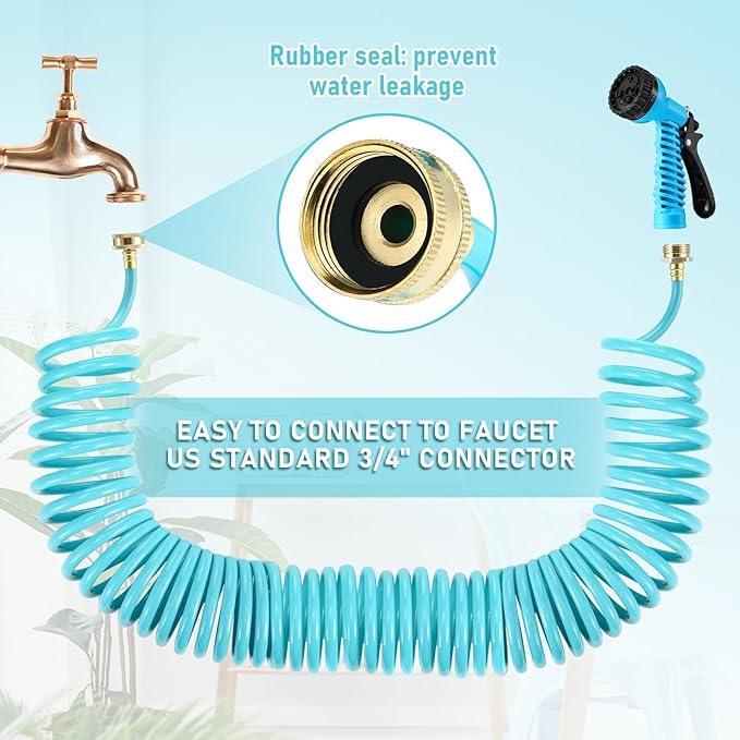 Pangda 25 Ft x 3/8'' Coil Garden Hose EVA Recoil Garden Self Coiling Expanding Water Hose with 6 Function Spray Nozzle Universal 3/4'' Brass Connector Fitting for Outdoor Yard(Blue)