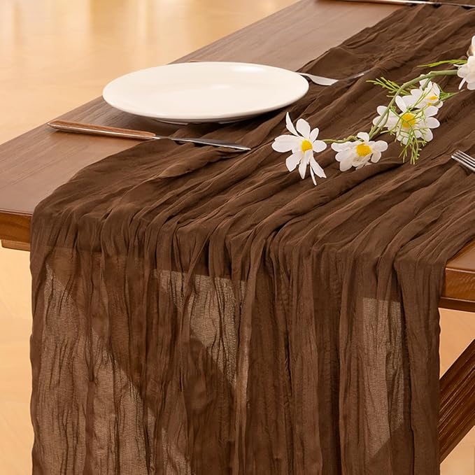 Socomi 10pcs Brown Coffee Cheesecloth Table Runner Boho Rustic Gauze 120 inch 10FT Cheese Cloth Runner for Wedding Party Baby Shower Birthday Home Decor Holiday Decorations