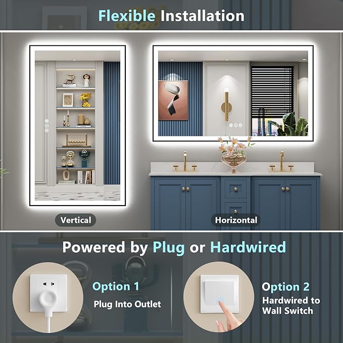 66x40 Black Framed LED Bathroom Mirror