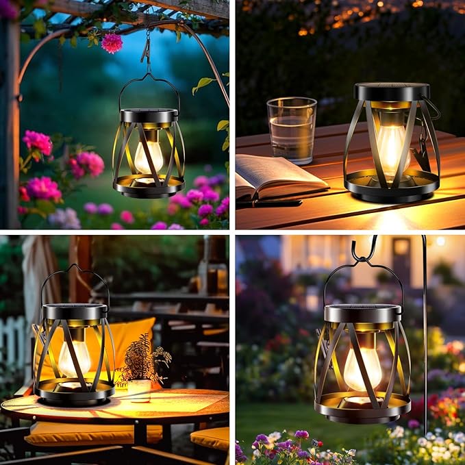 GARPAR Solar Lanterns Lights Outdoor Waterproof, Upgraded Metal Outdoor Lantern, Brighter Auto On/Off 18H Hanging Solar Lights for Outside Garden Yard Patio Porch Decor, Gift for Mom, 2 Pack