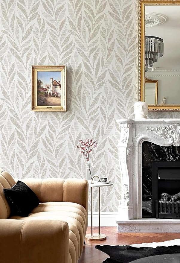 Safiyya 787"x17.3" Boho Peel and Stick Wallpaper Beige and White Wallpaper Leaf