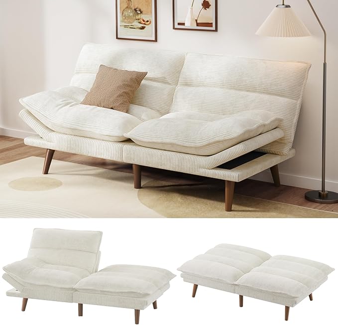 Pipishell Futon Sofa Bed, Convertible Futon Adjustable Backrest & Armrests, Corduroy Sleeper Couch for Small Spaces, Living Room, Office, Guest Room (Pearl White, 66 Inch)