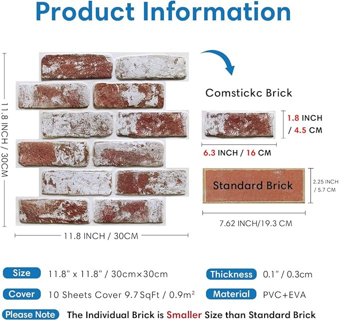 COMSTICKC 3D Faux Brick Wall Panels Peel and Stick, Small Size Self Adhesive