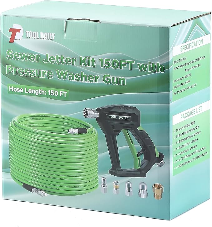 Tool Daily Sewer Jetter Kit for Pressure Washer 150 FT, Short Power Washer Gun, Drain Cleaner Hose 1/4 Inch NPT, Corner, Rotating and Button Nose Sewer Jetting Nozzle, 3600 PSI