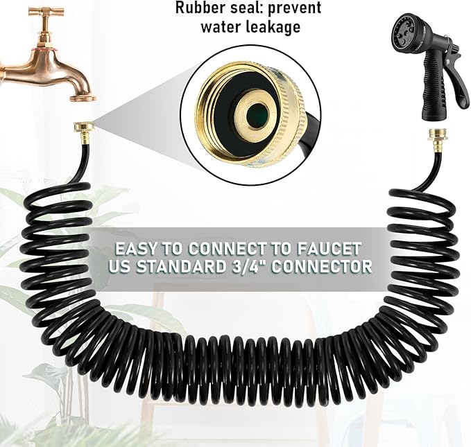 Pangda 100 Ft x 3/8'' Coil Garden Hose EVA Recoil Garden Self Coiling Expanding Water Hose with 6 Function Spray Nozzle Universal 3/4'' Brass Connector Fitting for Outdoor Yard(Black)