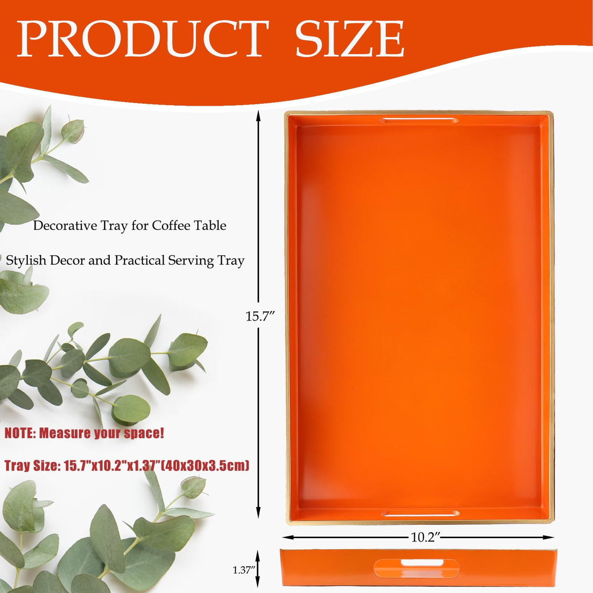 Spsyrine Orange Decorative Serving Tray with Handles, Elegant Plastic Coffee Table Tray for Ottoman, Living Room, Home Decor 15.6" X 10.2"