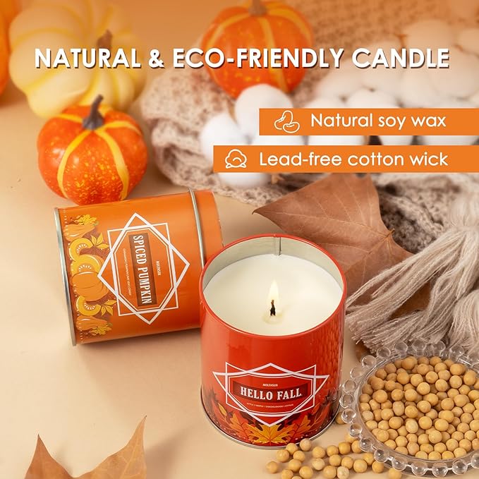 Fall Scented Candles Gift Set – 4 Pack of 9Oz Soy Candles, Autumn Fragrances (Pumpkin Spice, Apple Pie, Hello Fall, Cinnamon Clove), Holiday Gifts for Women & Men