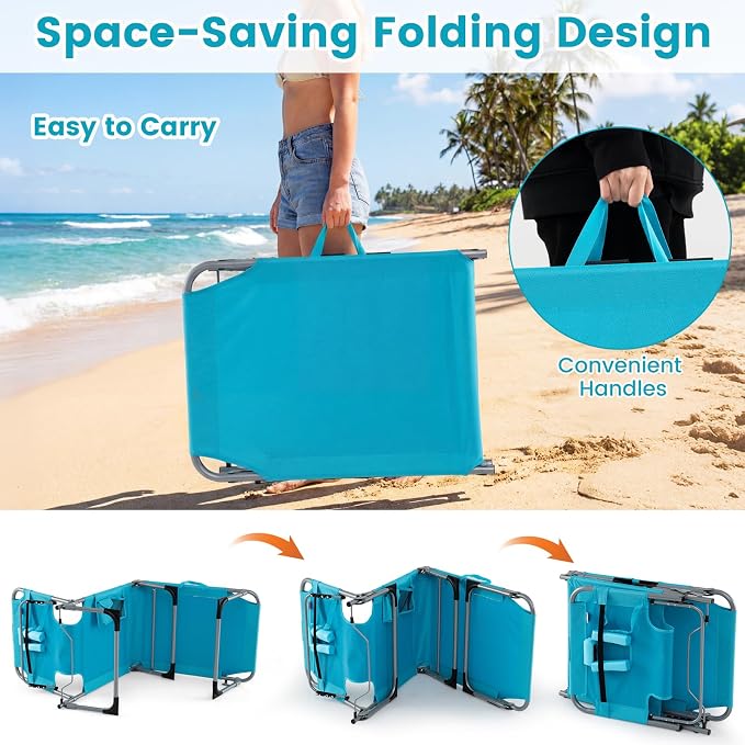 COSTWAY Tanning Chair with Face Hole, Folding Beach Lounge Chair | 4-Position Adjustable Backrest, Pillow & Side Pocket for Sunbathing, Camping (2, Turquoise)