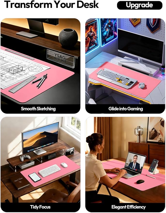 YSAGi Leather Desk Protector, Office Mat, Large Mouse Mat, Non-Slip PU Leather Blotter, Laptop Desk, Waterproof Writing Pad for Office and Home (Pink, 47.2" x 23.6")