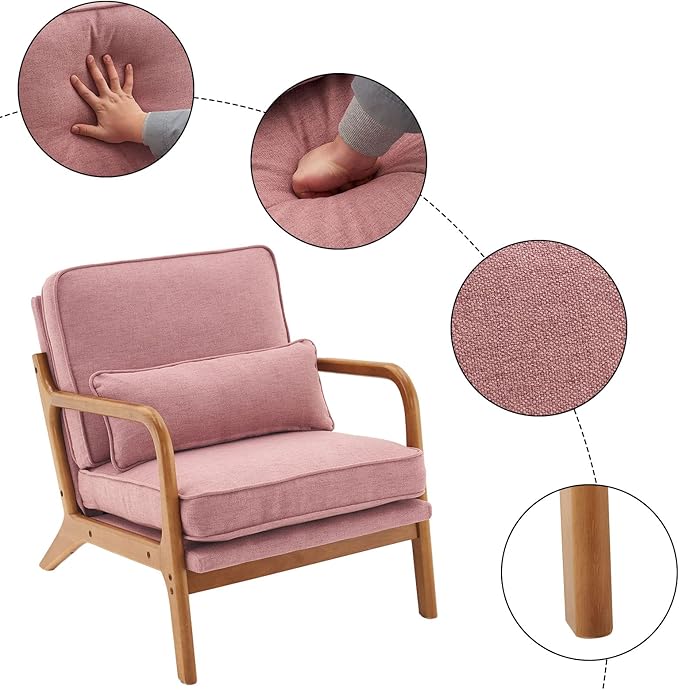 Bonnlo Pink Accent Chairs Set of 2, Upholstered Mid Century Modern Lounge Chairs Reading Chairs Side Sitting Chair Solid Wood Farmhouse Armchairs for Living Room, Bedroom, Guest Room