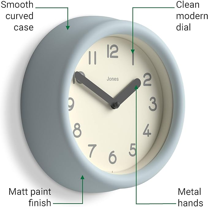JONES CLOCKS® Fuze wall Clock | Small Round Clock | Pale Blue | Playful Modern