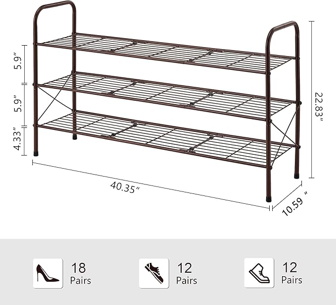 Hoctieon 3 Tier Mesh Style Shoe Rack, Entryway Shoe Shelf, Shoe Storage Organizer, Shoe Rack for Closet, Space Save for Bathroom, Garage, Hallway, Bedroom, Living Room, Brown