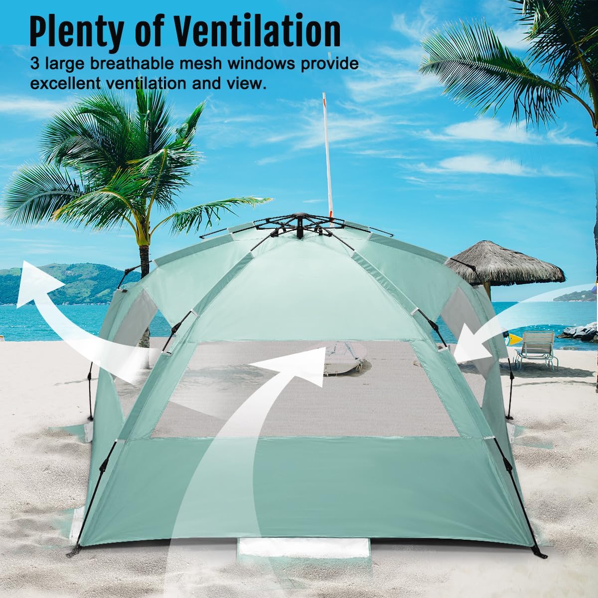 WhiteFang Deluxe Beach Tent - UV Protection Sun Shade Shelter for 3-6 People | Extendable Floor & Ventilating Windows