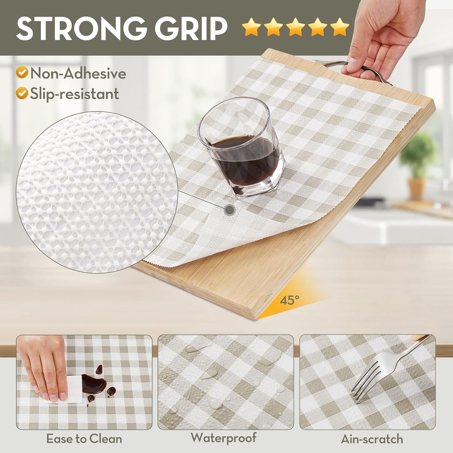 Drawer Shelf Liner, Non-Slip Kitchen Cabinet Liners Non-Adhesive Thick Strong Grip Waterproof Mats Protect Dresser Shelves Cupboard Bathroom Cabinets, Green Plaid, 23.6 in X 10 FT
