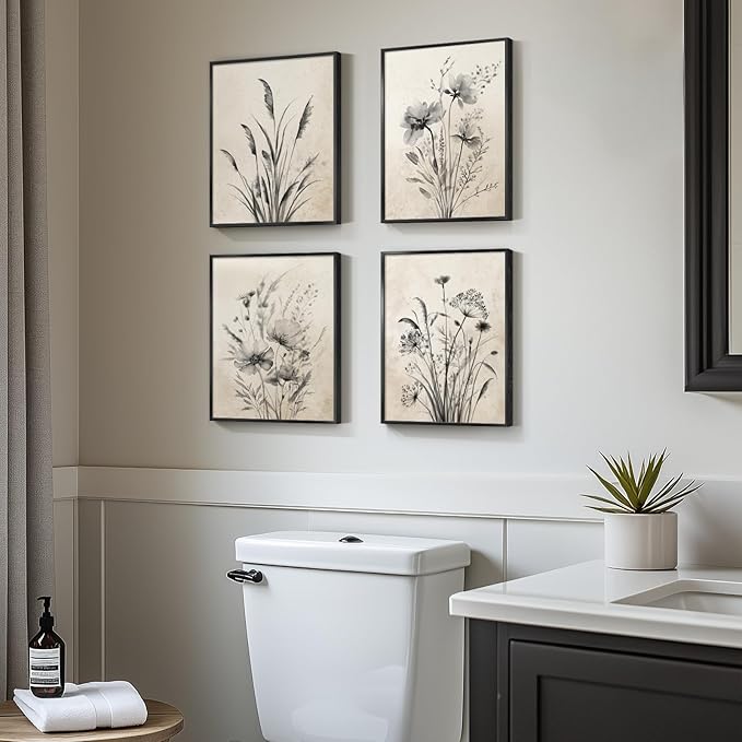 Framed Vintage Botanical Wall Art, 4 Piece Boho Rustic Floral Canvas Painting