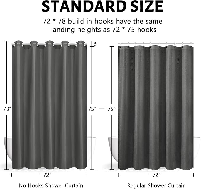 Furlinic No Hook Long Shower Curtain 78 Length,Soft Polyester Fabric Wahable Shower Curtain Liner,Modern Hotel Spa Style Bathroom Curtains with 10 Plastic Built-in Grommets,Dark Grey 72x78 Inch