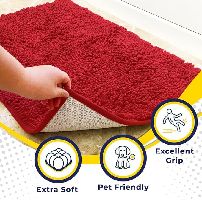 Muddy Mat® | Super Water Absorbent Door Mat Indoor, Microfiber Quick Dry Chenille Entryway Rug, Slip Resistant Front Door Mat, Indoor Mats for Entryway, Machine Washable Pet Rug, Red 5ft x 7ft