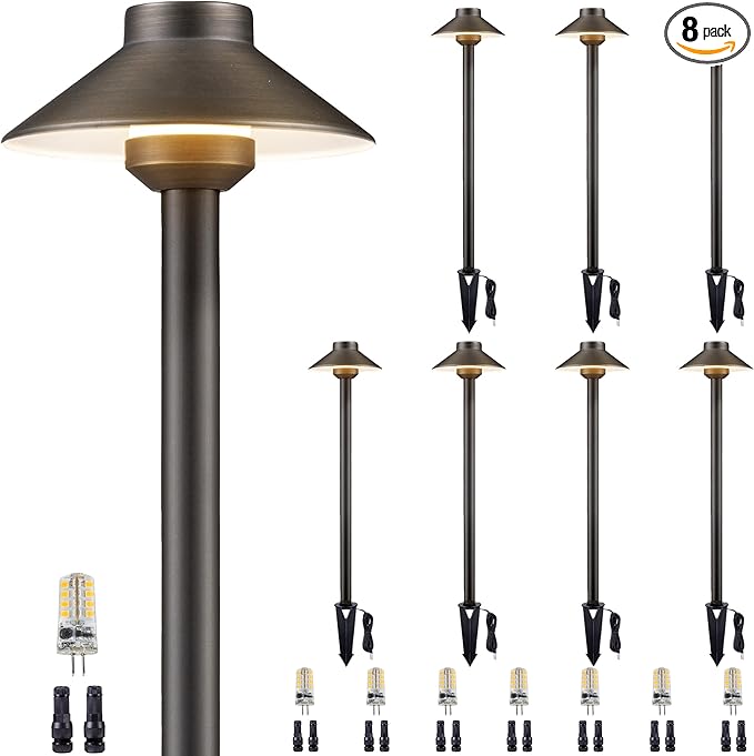 Brass Low Voltage Path Lights - 12V Landscaping Pathway Light IP65 Waterproof, Wired Walkway Lighting Outdoor, LED Bronze for Lawn Area Backyard with 3W 2700K Warm White G4 Bulb (8 Pack)