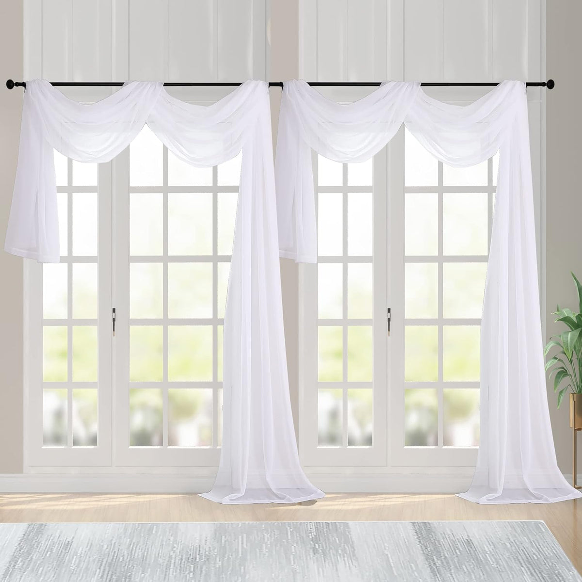 Chyhomenyc Extra Long White Sheer Curtains 144 inch 2 Panels Set, Translucent Backdrop Window Scarf Drapes for Canopy Bed/Wedding/Living Room/Anniversary, 12FT Length, Each 42Wx144L in, 2PCS, White