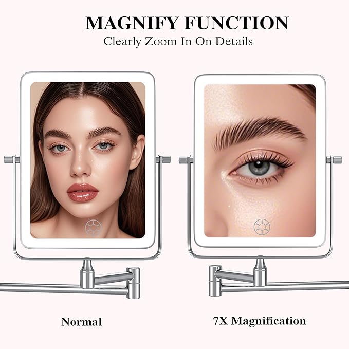 Wall Mounted Lighted Makeup Mirror, Rectangle Double Sided 1X/7X Magnifying