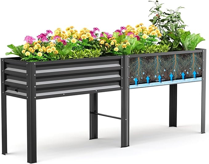 KING BIRD Raised Garden Bed with Legs & Water Storage Tank Galvanized Elevated Planter Box 80×17×31.5 in for Backyard, Patio, Balcony, 500lb Capacity, Dark Grey