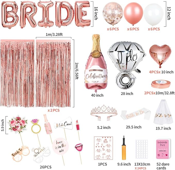 MOVINPE Bachelorette Party Decorations, Bride to Be Sash, Veil, Rhinestone Tiara, Dare Cards, Photo Booth Props, Foil Curtains, Tattoos, Rose Gold Bridal Shower Party Supplies Decor