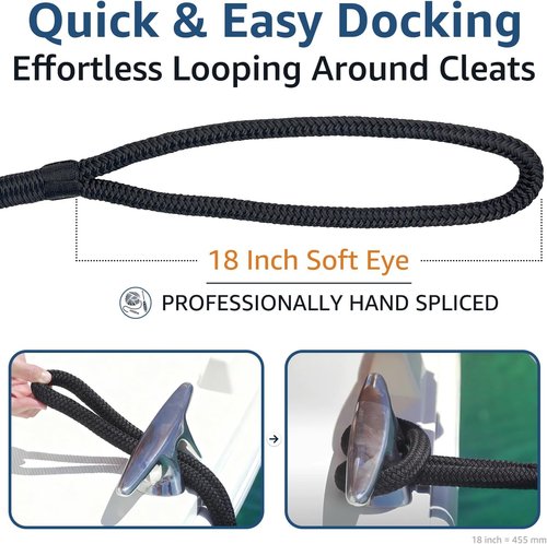 Boat Dock Lines - 3/4" x 50ft Double Braided Nylon Ropes with 18" Loop | Heavy Duty Marine Mooring Lines - 2 Pack, Black