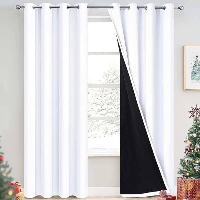 Yakamok Pure White 100% Blackout Curtains, 2 Thick Layers Completely Blackout