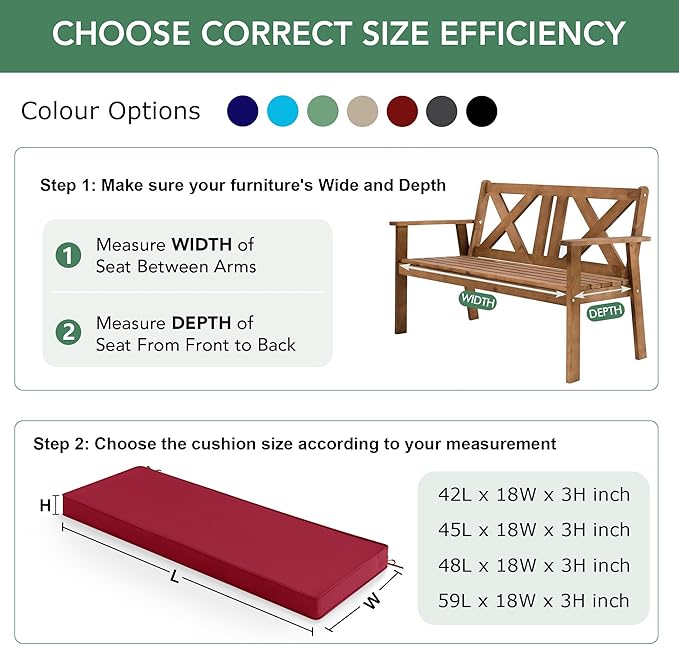 Summsun Outdoor Bench Cushion: Waterproof and Fade Resistant Patio Furniture Cushions - Non-Slip Bench Pad Cushion with Removable Cover for Garden Swing Porch Sofa Settee, 42 x 18 Inch, Burgundy