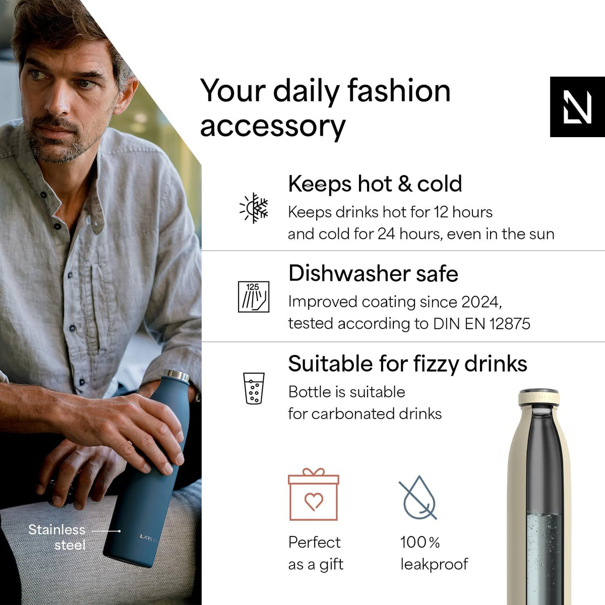 LARS NYSØM Stainless Steel Insulated Water Bottle 12oz 17oz 25oz 34oz 51oz | Insulated Thermo Flask for Hot and Cold Beverages | Leakproof Drinking Bottle (Almond Beige, 25.4oz)