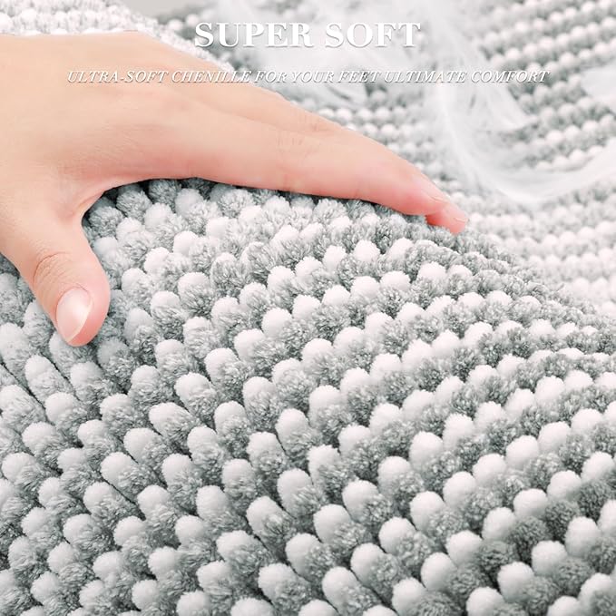 BSICPRO Bathroom Rugs and Mats Sets, 2 Piece Thick Absorbent Chenille Bath Mat Rug Set Non Slip, Soft Shaggy Bath Room Floor Mats for Bathroom, Machine Washable (Light Gray, 20" x 60" Plus 20" x 32")