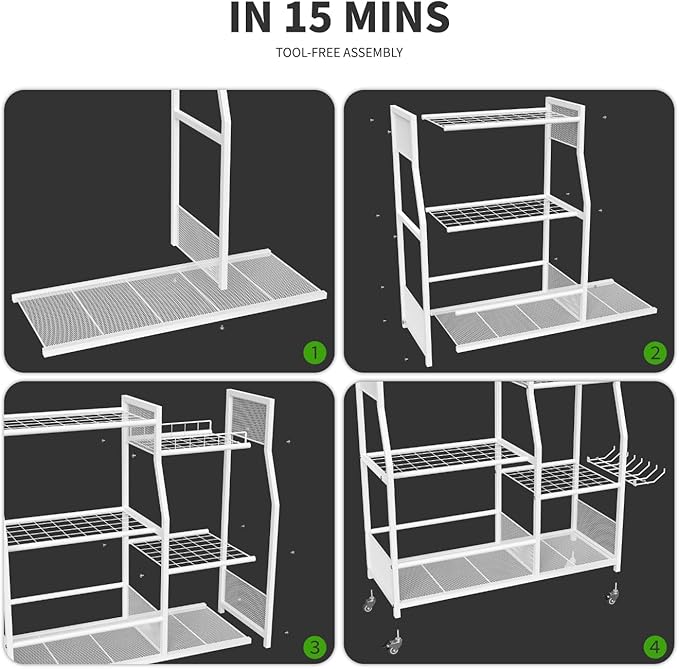 HOTEAGLE Yard Tool Organizer for Garage 35.4" Width High Stability Outdoor Metal Utility Rolling Cart with Mute Wheels, 18.5mm Thick Rods Ideal Garden Tool Rack, Easy to Clean,White