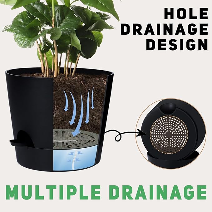 YNNICO 12 Inches Indoor Self Watering Planters with Drainage Holes and Saucers, 4 Pack (Black)