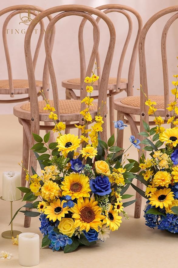 TINGE TIME Free Standing Artificial Sunflower Flowers Set of 2, Wedding Arch Altar Stage Decorations, Silk Fake Flower for Wedding Centerpiece Archway Aisle Welcome Entrance (Sunflower&RoyalBlue)