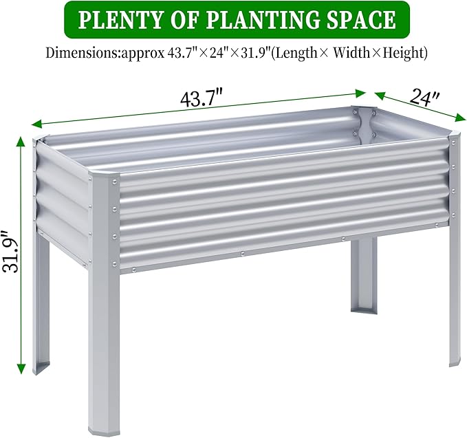 Galvanized Raised Garden Bed with Legs, 48×24×32in Large Metal Elevated Raised Planter Box with Drainage Holes for Backyard, Patio, Balcony, 400lb Capacity,Sliver