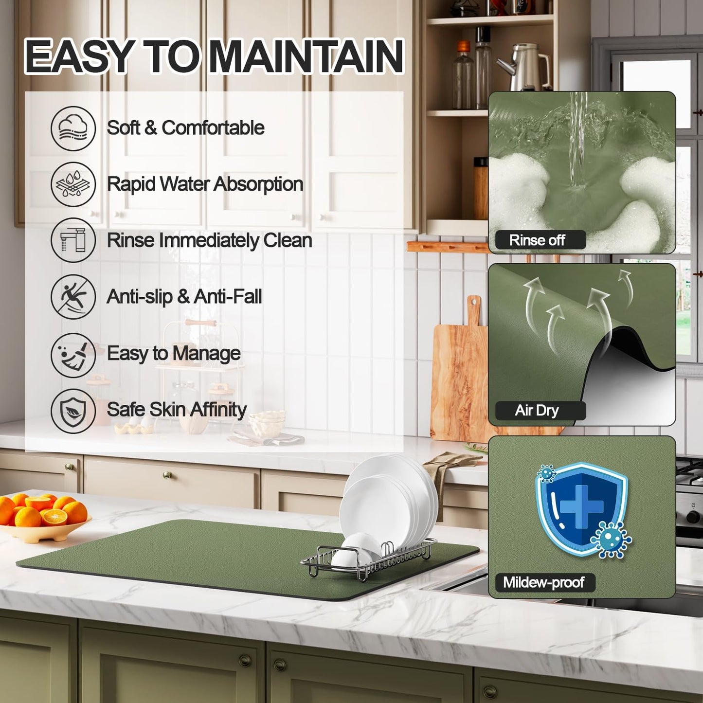 Dish Drying Mat for Kitchen Counter | Coffee Bar Mat for Countertops | Heat Resistant Drainer Mat with Non-slip Rubber Backed | Hide Stain Kitchen Absorbent Draining Mat | Green 18"x32"