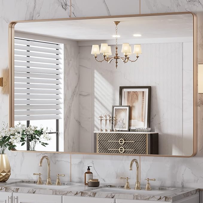 LOAAO 48”X32” Gold Bathroom Mirror, Rounded Rectangle Gold Frame Mirror, Brushed Gold Bathroom Vanity Mirror Wall-Mounted, Anti-Rust, Tempered Glass, Hangs Horizontally or Vertically