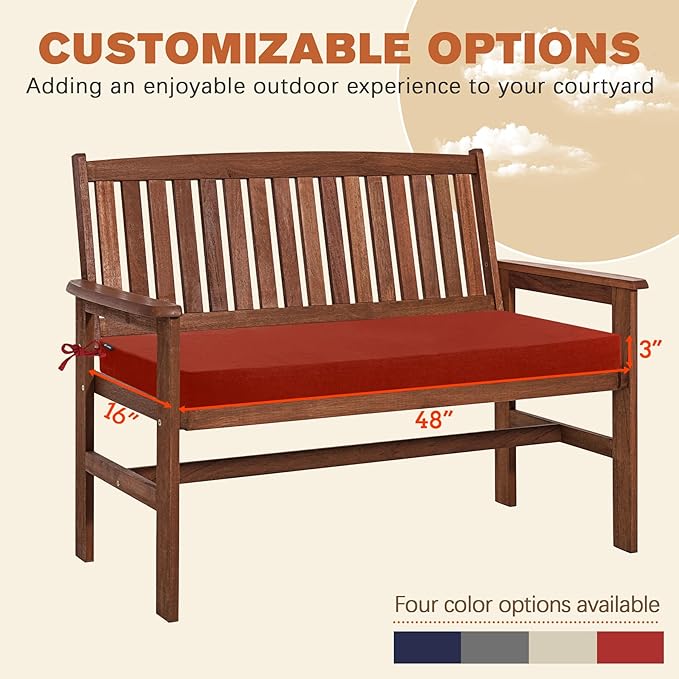 Favoyard Outdoor Bench Cushion 48 x 16 Inch Rainproof Patio Furniture Cushions 3-Year Color Fastness Garden Settee Porch Pads with Ties, Red