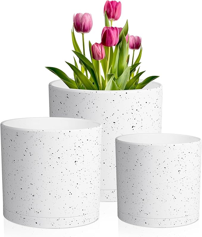 10/8/6 inch Deep Flower Pots, Cylinder Large Plant Pots for Outdoor Indoor Plants, 3 Pack Tall Plastic Planters with Drainage Holes and Saucers for Garden House Plants, Speckled White