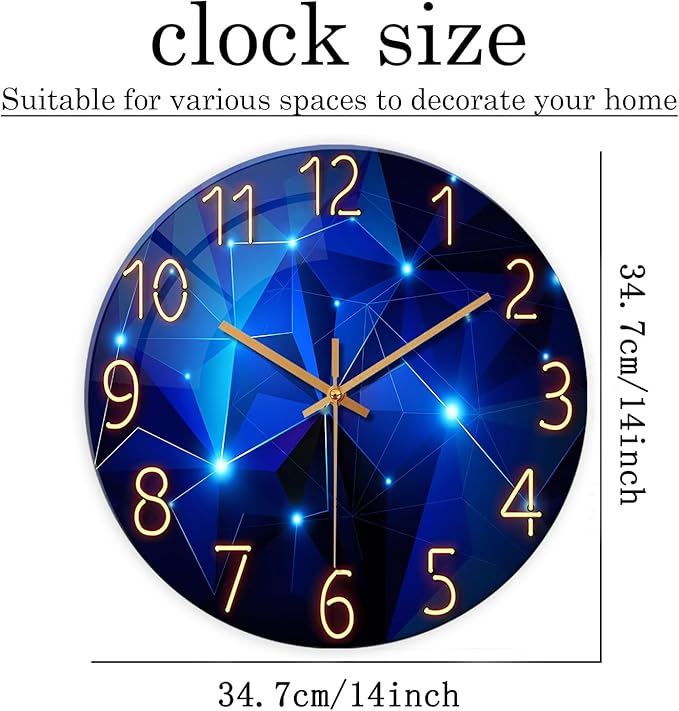 Blue Wall Clock Battery Operated 14 Inch Modern Wall Clock Non Ticking Glass