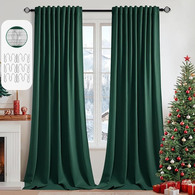 MIULEE Christmas Hunter Green Back Tab Blackout Curtains 102 Inch Long 2 Panels