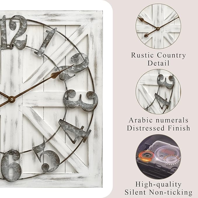 EMAX HOME Large Farmhouse Wall Clock – 24 Inch White Square Rustic Wooden Clock