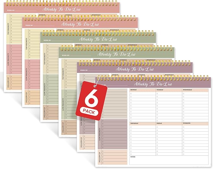 Weekly To Do List Notepad with 52 Undated Sheets（8.5"×11"）6 Pack - Undated Weekly Planner Notepad for Office Desk Accessories and Supplies - Multi