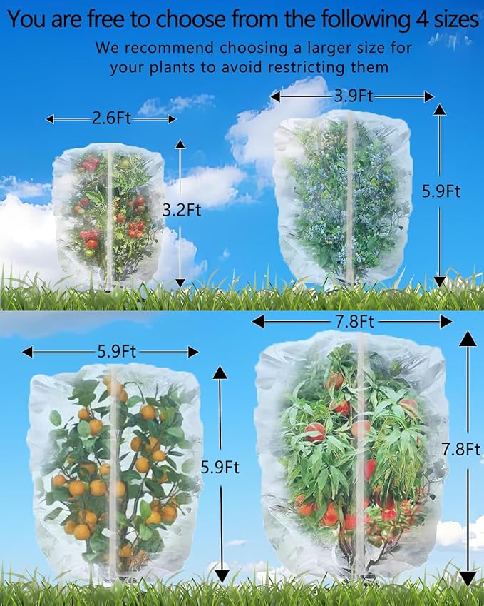 4 Pack Fruit Tree Netting with Zipper & Drawstring, 3.9 x 5.9 Ft Reusable Blueberry Bush Netting Cover, Durable Bird Netting for Vegetables, Trees, Bushes in Garden
