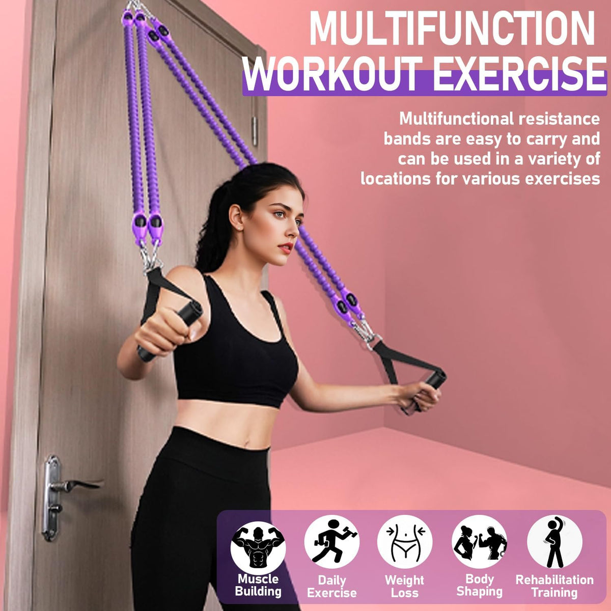 Skiennix Adjustable Foot Pedal Resistance Band - 4-Tube Ankle Puller for Full Body Workout | Purple