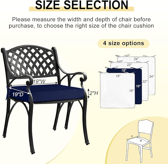 downluxe Waterproof Outdoor Chair Cushions for Patio Furniture, 19" x 19" x 2" Patio Chair Cushion with Adjustable Ties & Portable Handle, Square Outdoor Cushion with Removable Cover, Navy, 2 Pack