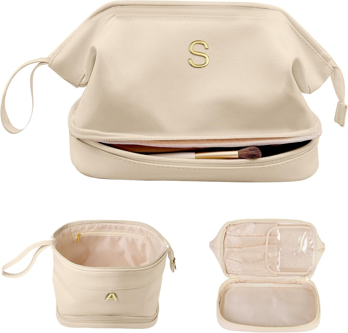 Skiennix Personalized Bridesmaid Proposal Makeup Bag - Double Layer PU Leather with Brush Organizer | Large Capacity Travel Toiletry Bag