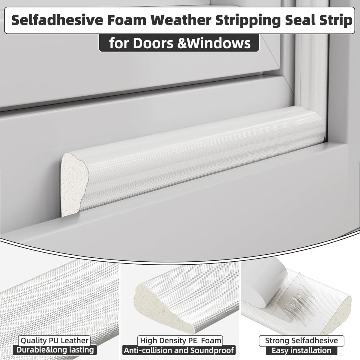 16.4 Ft Weather Stripping Seal Strip for Doors/Windows,Soundproofing Window Insulation Draft Stopper for Winter, Selfadhesive Foam Weather Strip for Door Frame,Door Gap Filler Noise Blocker(White)