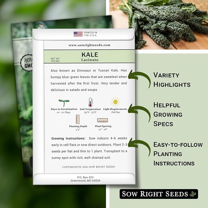 Sow Right Seeds - Lacinato Kale Seed for Planting - Non-GMO Heirloom Packet with Instructions to Plant a Home Vegetable Garden - Very Nutritious Superfood, Grow This Dinosaur Variety (4)